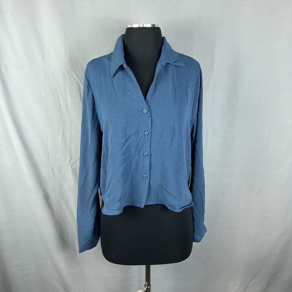 Belle Amie Cropped Blouse Top Womens XL Slate Blue Crinkle Textured Button Front